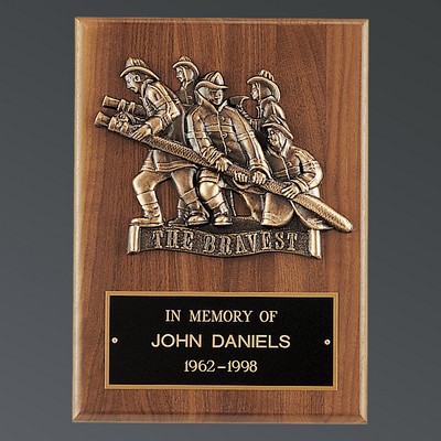 Genuine American Walnut Rectangle Plaque, Bronze Cast "The Bravest", 9"x12"