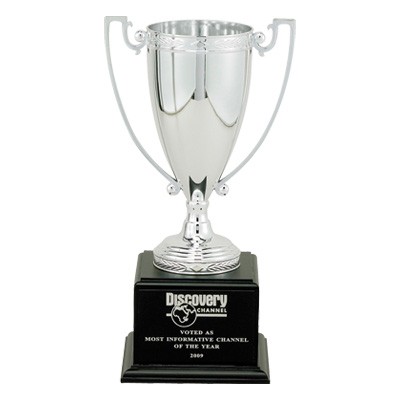 14 3/8" Trophy with 10 1/4" Silver Cup on Black Wood Base