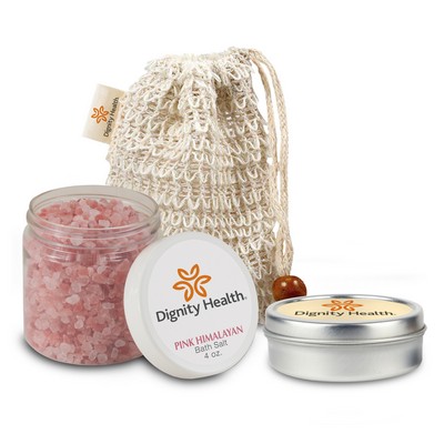 Loofah Bag Self Care Set with Bath Salts and Candle, Sewn-in Tag