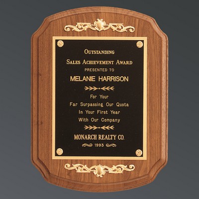 Curved Walnut Plaque with Decorative Scrolls and Black Brass Plate, 9"x12"