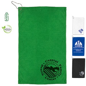 "THE IRON" Recycled RPET 300 GSM Heavy Duty Microfiber Golf Towel with Metal Grommet and Clip - 12"